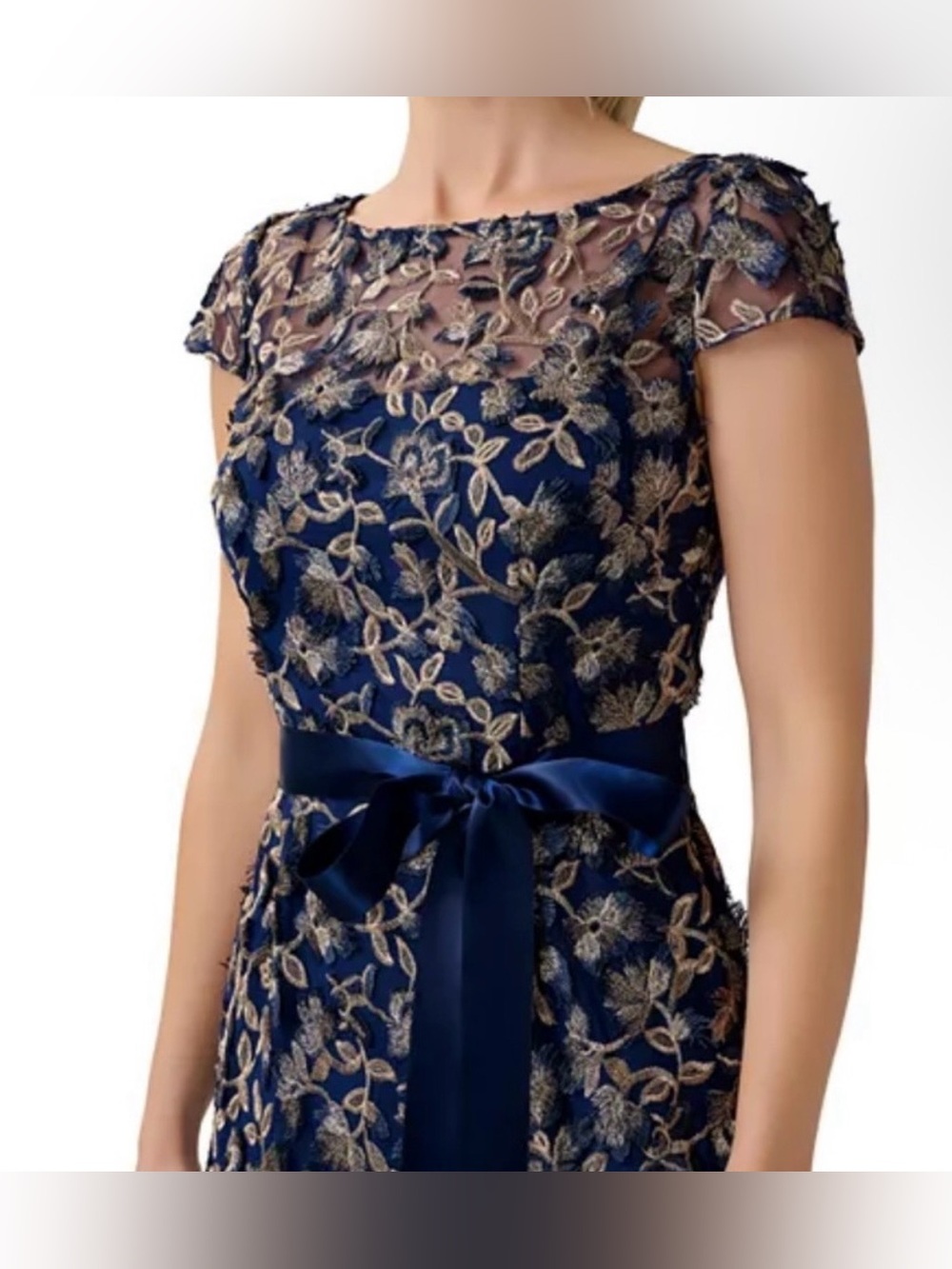 NWT Adrianna Papell Navy Dress with Gold Floral Lace and Satin Waist Tie